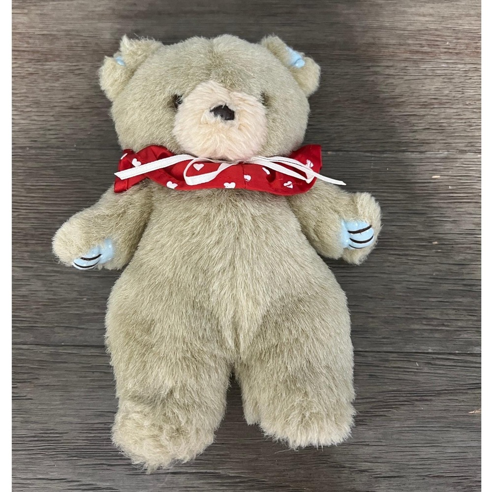 Vintage 1990 Gibson Greetings Teddy Bear Plush Red Heart Scarf Beige 8in Toy